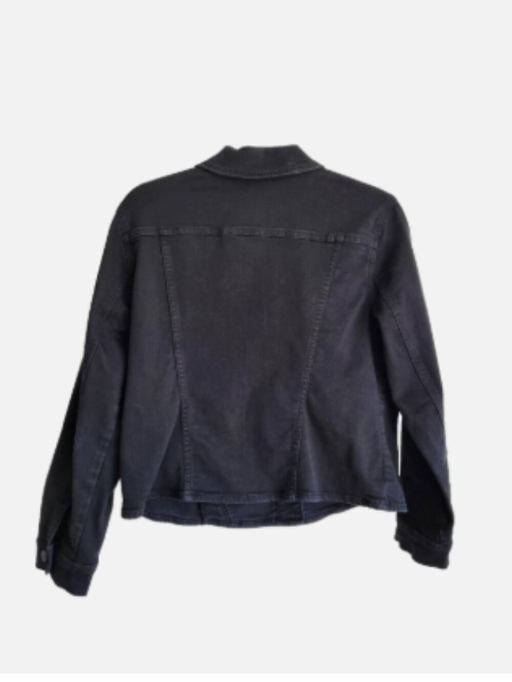 Chico's Size 1 Reg Medium Black Denim Cropped Jean Jacket 20 in length 4 Pockets - Picture 3 of 13